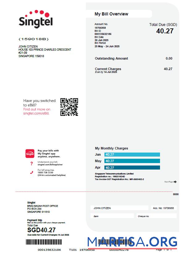 Realistic Singapore Singtel utility bill template in Word and PDF formats